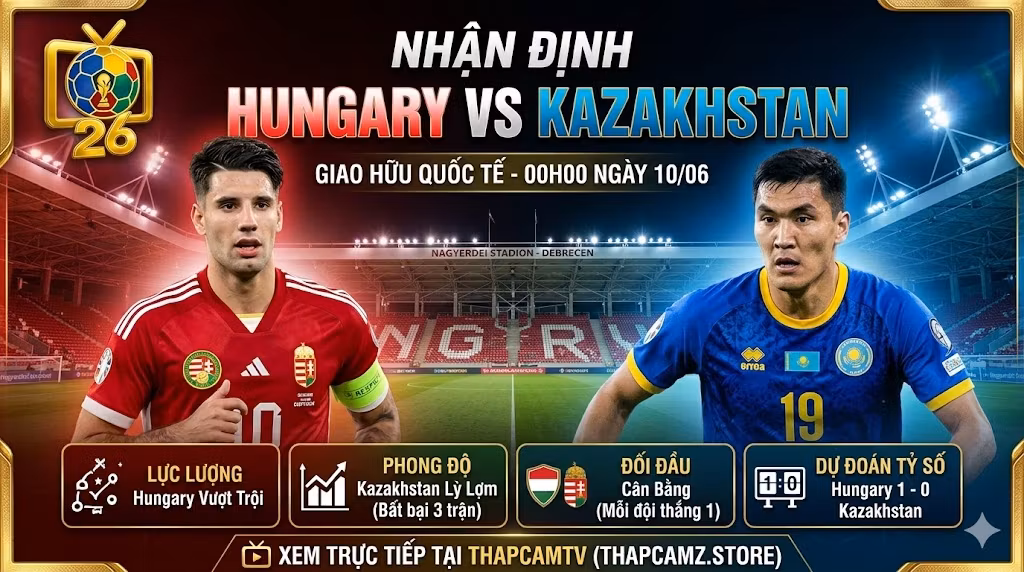 Nhận định bóng đá trận Hungary vs Kazakhstan lúc 00h00 ngày 10/06/2026, phân tích tương quan lực lượng và dự đoán kết quả chuyên sâu từ chuyên gia ThapcamTV.